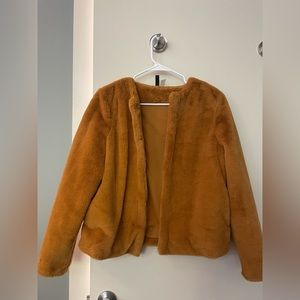 Camel cropped faux fur jacket